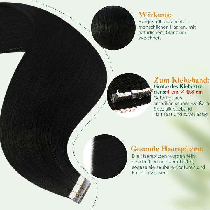 Easyouth Tape on Extensions Echthaar Haar Extensions Tape Echthaar Farbe Pechschwarz 12 Zoll 30g Tap