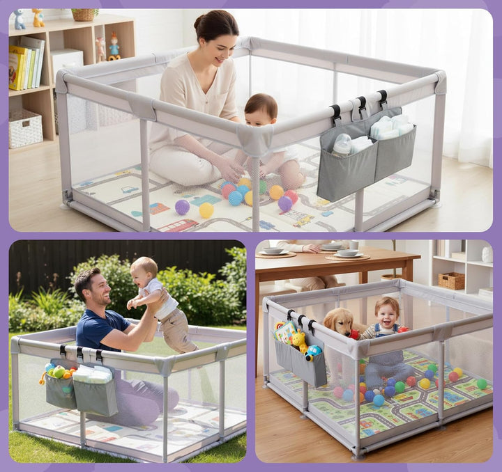 Laufstall Baby 120x120 cm mit Spielmatte und 2 Aufbewahrungstaschen,Laufgitter Baby mit Matratze,Bab
