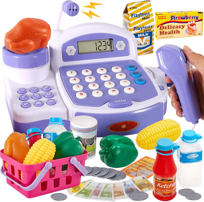 BUYGER Gross Elektronische Kasse Kaufladen Kinder, mit Scanner Waage Mikrofon, Spielkasse mit Litcht