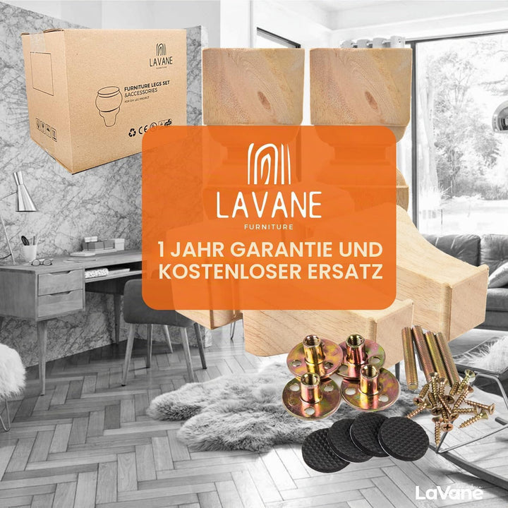 La Vane Möbelbeine aus Holz, geschnitzte Geometrie, unlackierte Ersatzfüsse mit Montageplatte und Sc