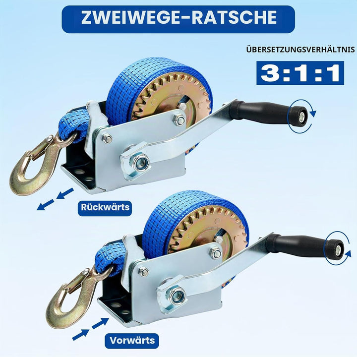 FreeTec Handseilwinde Seilwinde mit Blau Polyester Seilzug Bergungswinde Bootswinde Handwinde Winde