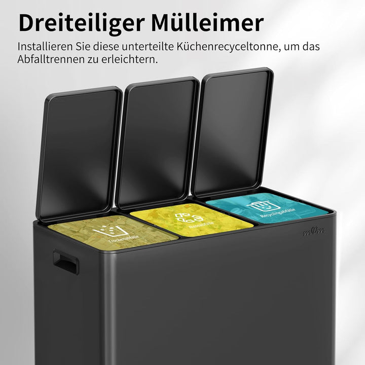 mVm Mülleimer Küche,45 Liter Treteimer,3 x 15 Liter Treteimer, 3 Fächer, Mülltrennsystem, Abfalleime