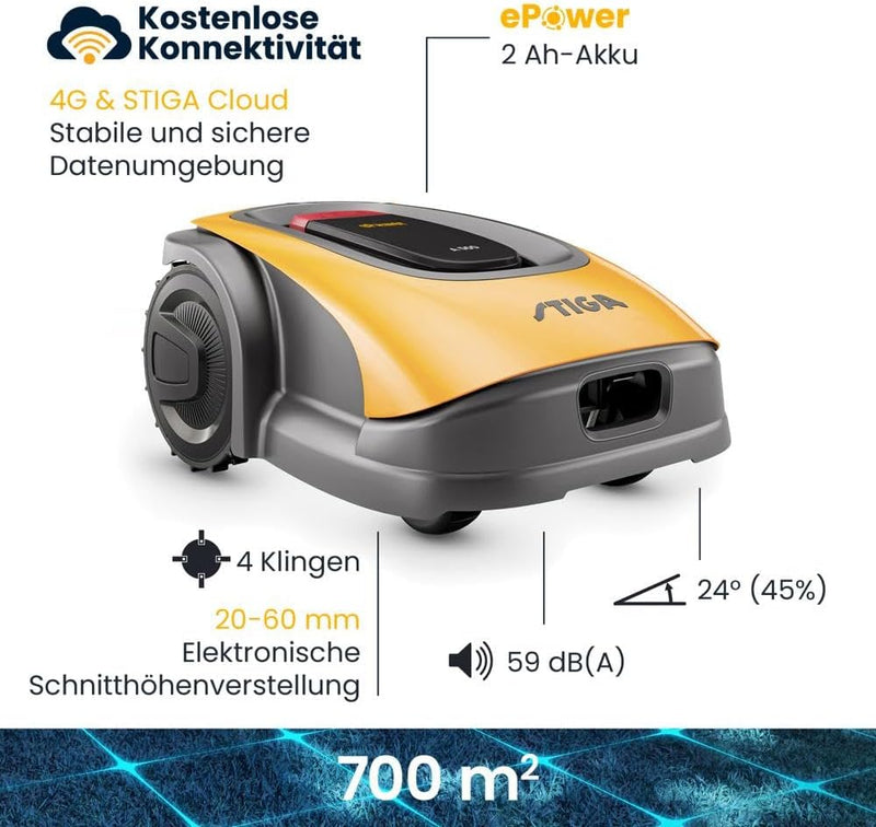 Autonomer Mähroboter, STIGA A500, Flächen bis zu 500m², arbeitet mit GPS-Technologie, Steigungen bis