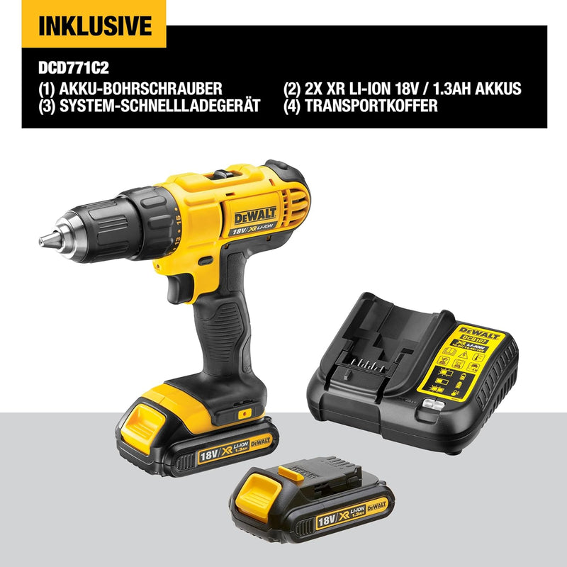 DeWalt XR Akku-Bohrschrauber DCD771C2 – Akkubohrer mit 2-Gang-Vollmetallgetriebe & LED-Arbeitslicht