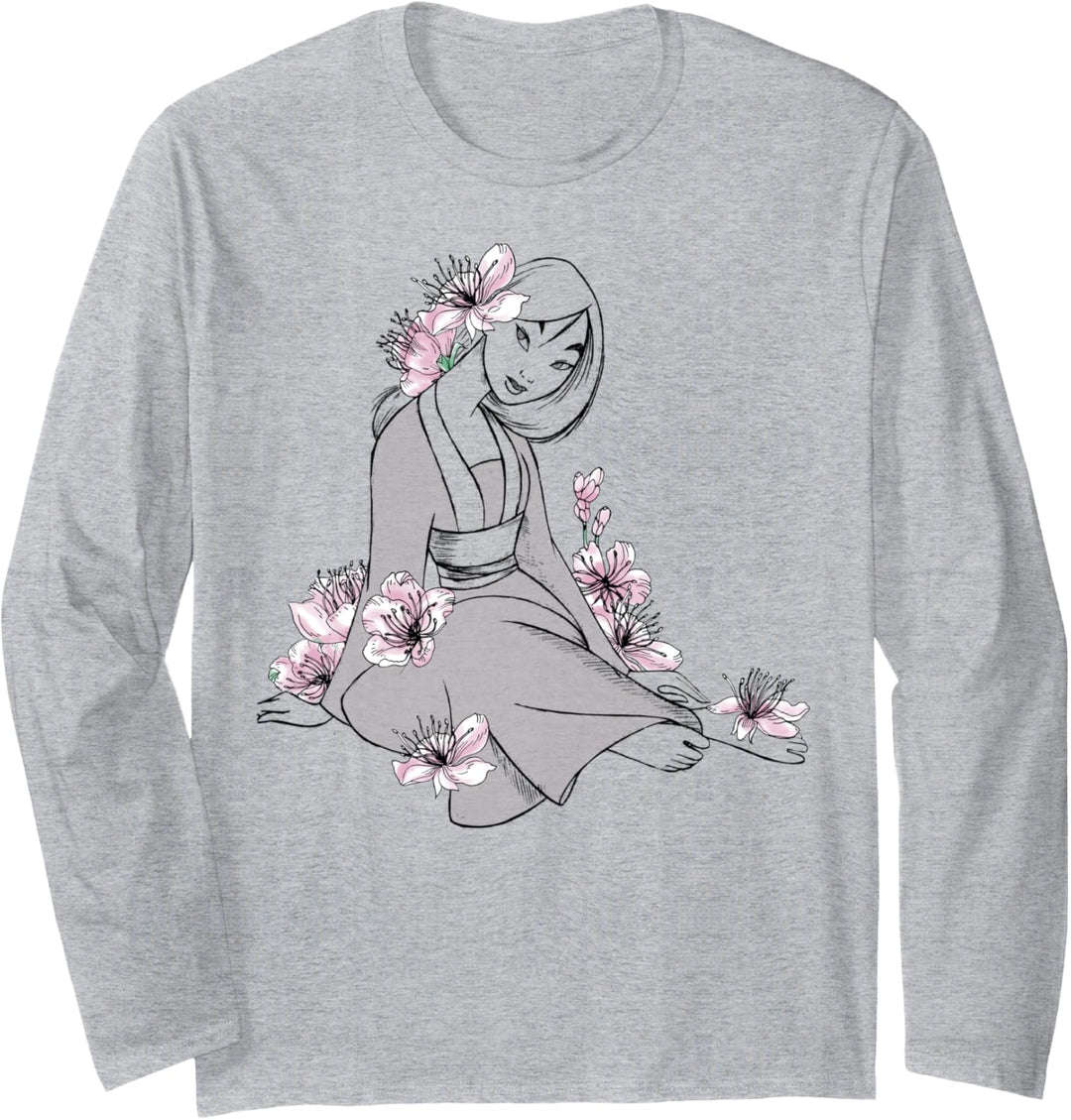 Disney Mulan Floral Sketch Outline Portrait Langarmshirt