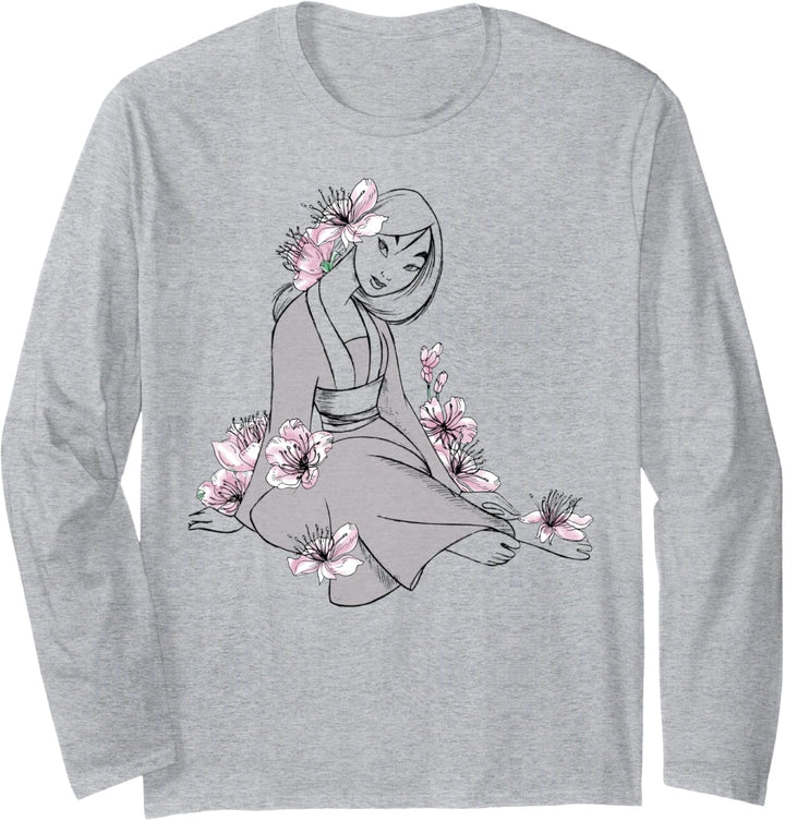Disney Mulan Floral Sketch Outline Portrait Langarmshirt