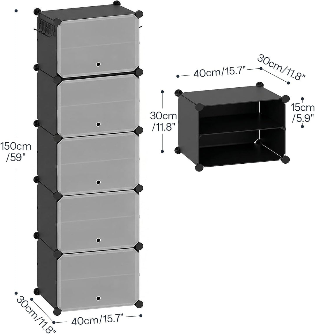 HOOBRO Schuhregal mit 10 Ebenen, Schmal Schuhschrank, Schuh-Organizer, mit Türen, Kunststoff, DIY St