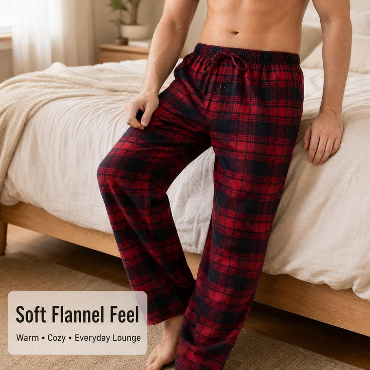 JTPW Herren 100% Baumwolle Flanell Bequeme Pyjama/Lounge Bottoms mit Taschen L Navy Red Plaid, L Nav