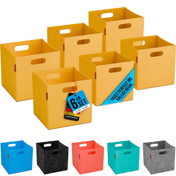 Havenhaus Filzkorb faltbar 6er Set senfgelb 30x30x30cm | 6er Set Boxen Aufbewahrung Filz | Körbe gee
