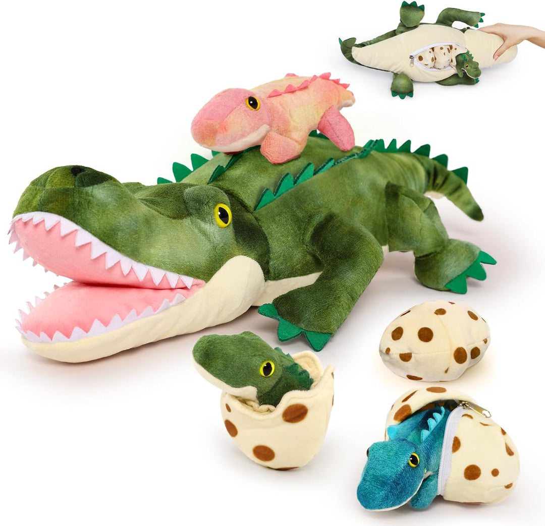 MorisMos 60cm lang Krokodil Kuscheltier XXL,Plüschkroko mit 3 kleinen Plüsch-Baby-Krokodilen im 3 Ei