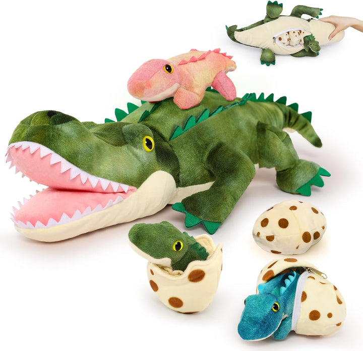 MorisMos 60cm lang Krokodil Kuscheltier XXL,Plüschkroko mit 3 kleinen Plüsch-Baby-Krokodilen im 3 Ei
