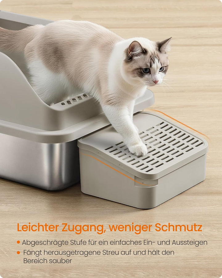 Feandrea Katzenklo Edelstahl XXL, Offene Katzentoilette mit Hohem Rand und Treppe, Geruchsneutral, m