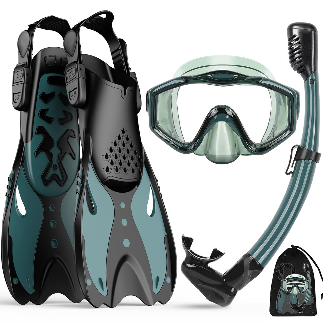 Schnorchelset Erwachsene mit Flossen, Anti-Fog Panorama-Weitblick Taucherbrille, Premium Dry Schnorc
