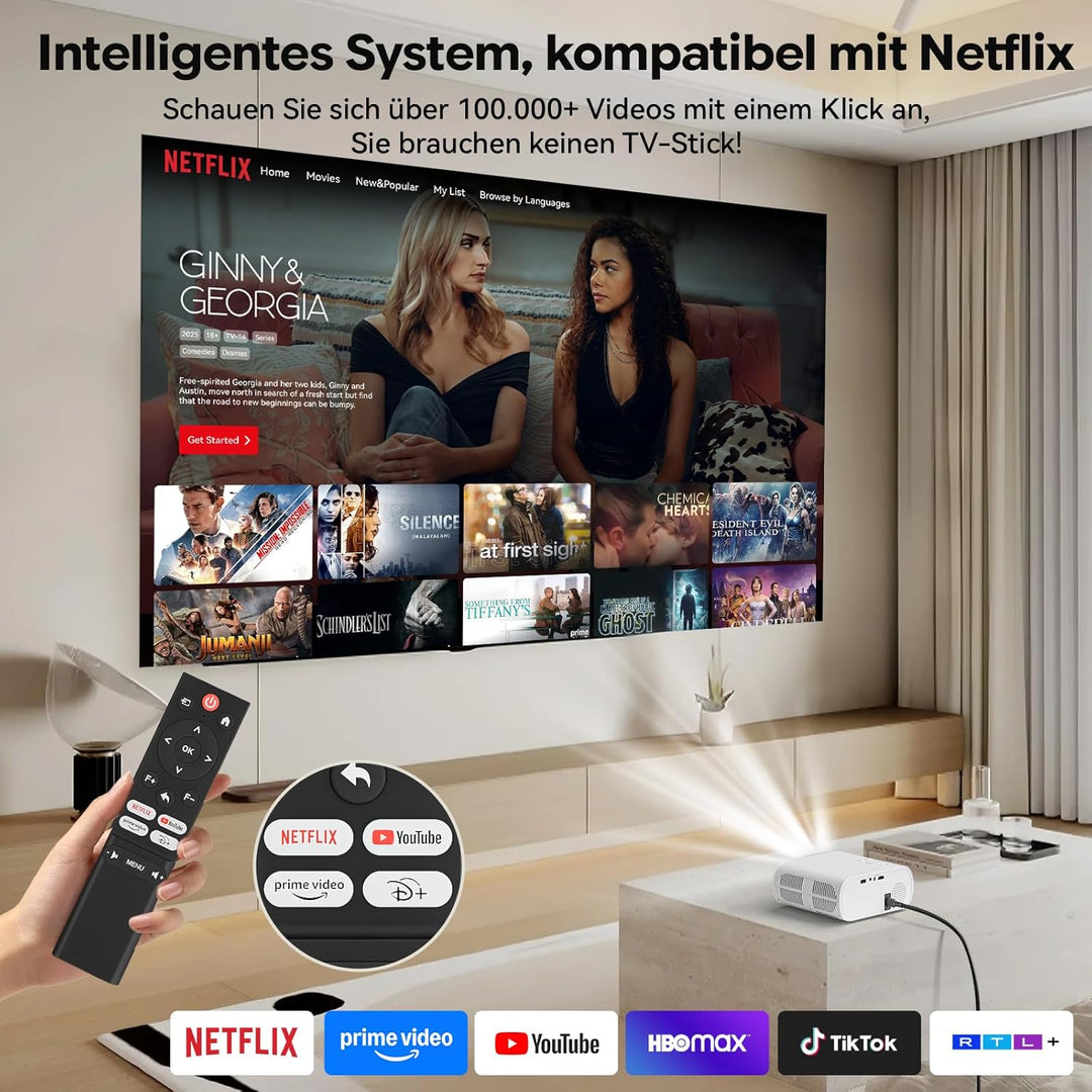 Smart Beamer 4K [Kompatibel mit Netflix & Offizielle Apps] 20000LM 1080P Beamer mit Elektrischer Fok