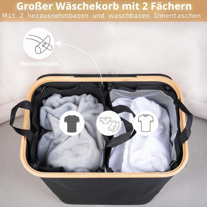 iEGrow Grosser Wäschekorb mit Deckel 150L, Wäschesammler 2 Fächer mit Herausnehmbaren und Waschbaren