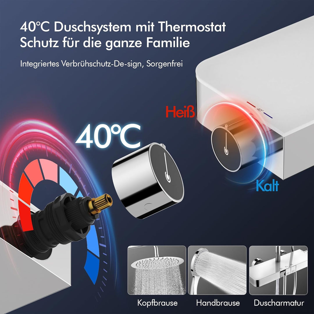 HOMELODY Duschsystem mit Thermostat und Glasablage, Duscharmatur Komplettset mit 30cm Kopfbrause, Hö