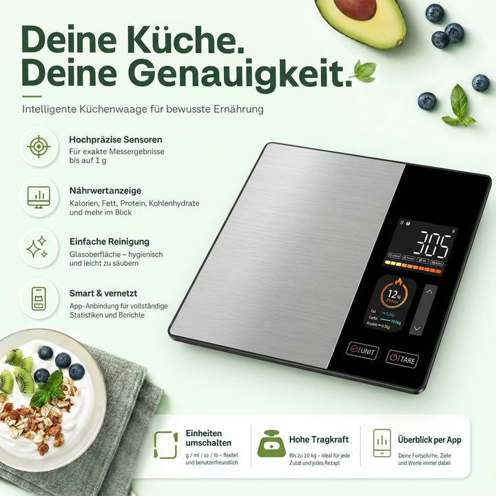 Küchenwaage digital mit Kalorienzähler & Nährwertberechnung | Smart Waage mit Bluetooth, App & TFT D