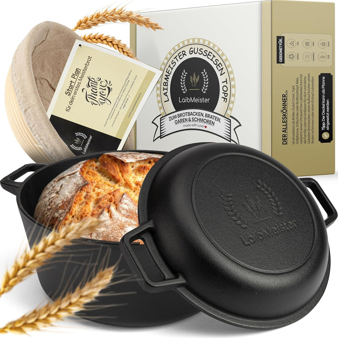 LaibMeister - Brotbacktopf aus Gusseisen mit Deckel. Einsetzbar als Bräter, Dutch Oven, Topf, Grillp