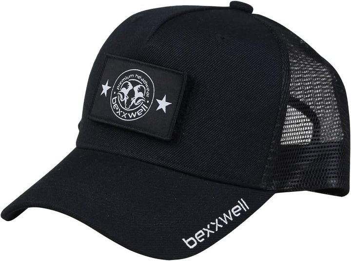 Bexxwell Trucker Cap schwarz mit Klett-Patch (optimale Passform, Kappe, Black, Truckercap, Logo, Cap