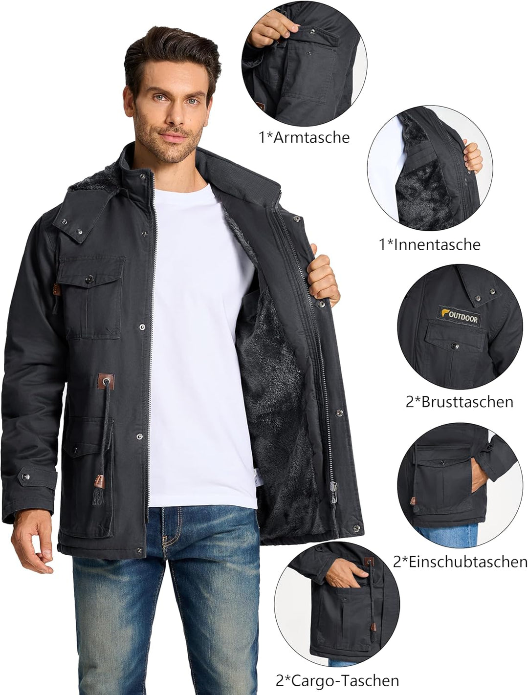 KEFITEVD Winterparka Herren Fleece Gefüttert Winterjacke mit Viele Taschen Kapuze Warm Winter Mantel
