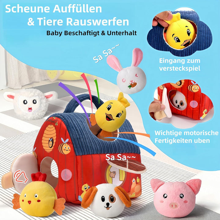 Montessori Baby Spielzeug ab 6 -12 Monate - Weiches Bauernhof-Set mit 6 Tieren, Rassel & Spiegel, Se