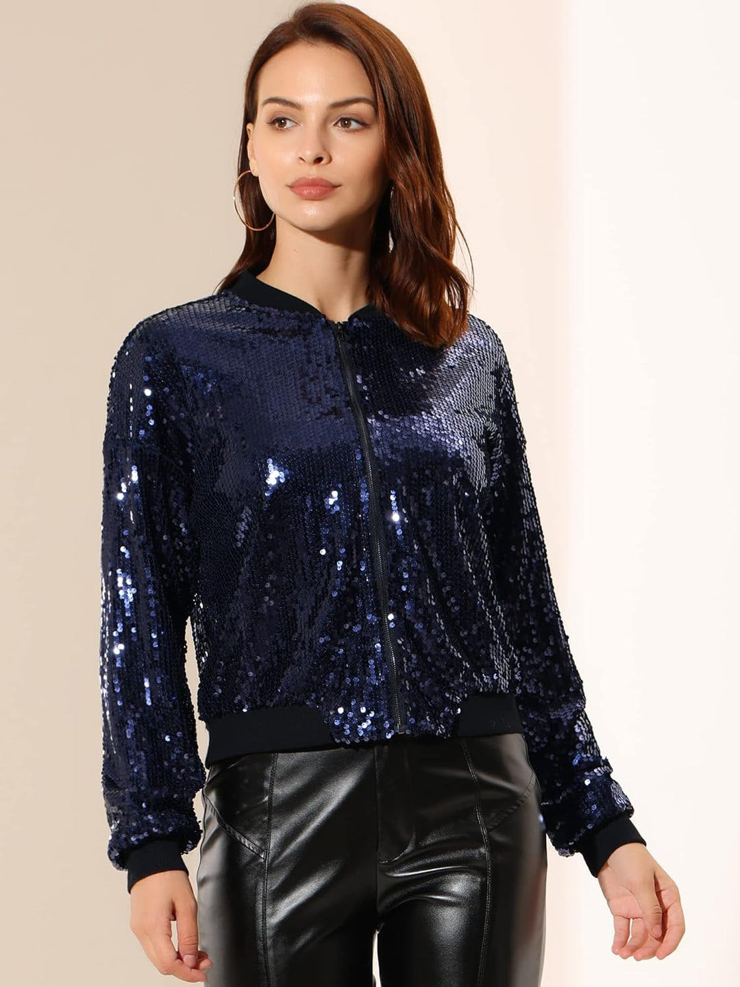 Allegra K Damen Glitzer Jacke Bomberjacke Pailletten Bomber Jacke Langarm Party Club Metallic Sequin
