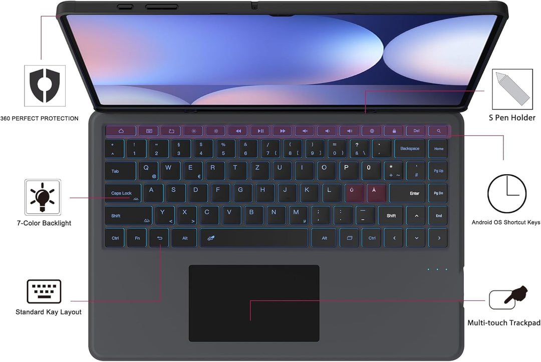 ROOFEI Galaxy Tab S9 Ultra/S8 Ultra Hülle mit Tastatur QWERTZ - Abnehmbare Tastatur mit Touchpad - 7