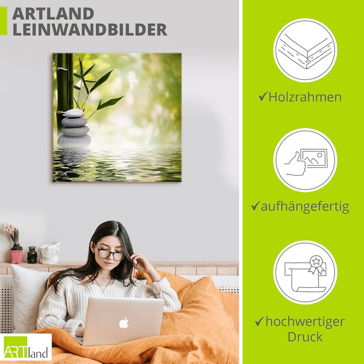 ARTland Leinwandbilder Wandbild Bild Leinwand 70x70 cm Asien Zen Wellness Spa Wasser Bambus Steine G