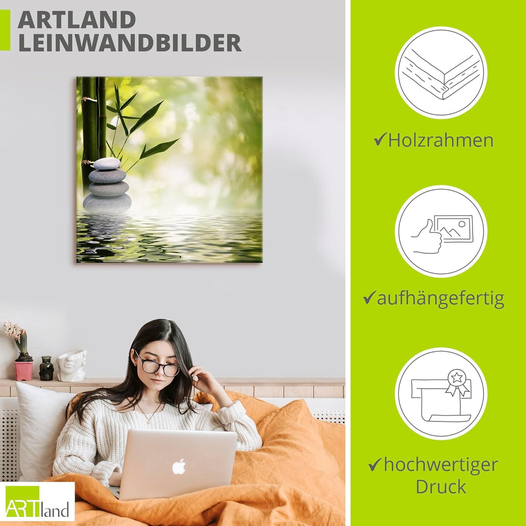 ARTland Leinwandbilder Wandbild Bild Leinwand 70x70 cm Asien Zen Wellness Spa Wasser Bambus Steine G