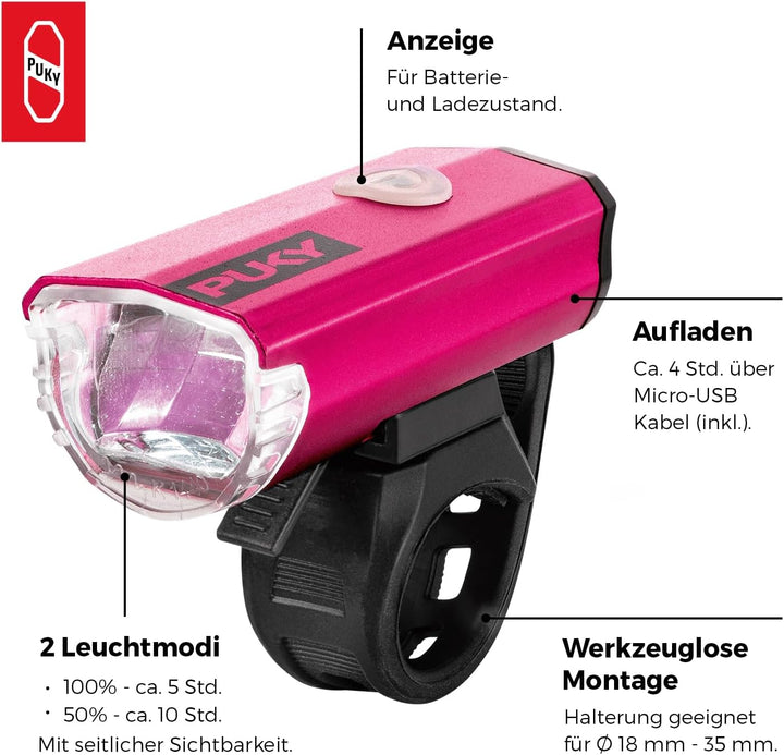 PUKY LUMI LED-Frontscheinwerfer & Rücklicht-Set | Seitliche Sichtbarkeit | Werkzeuglose Montage | Fü