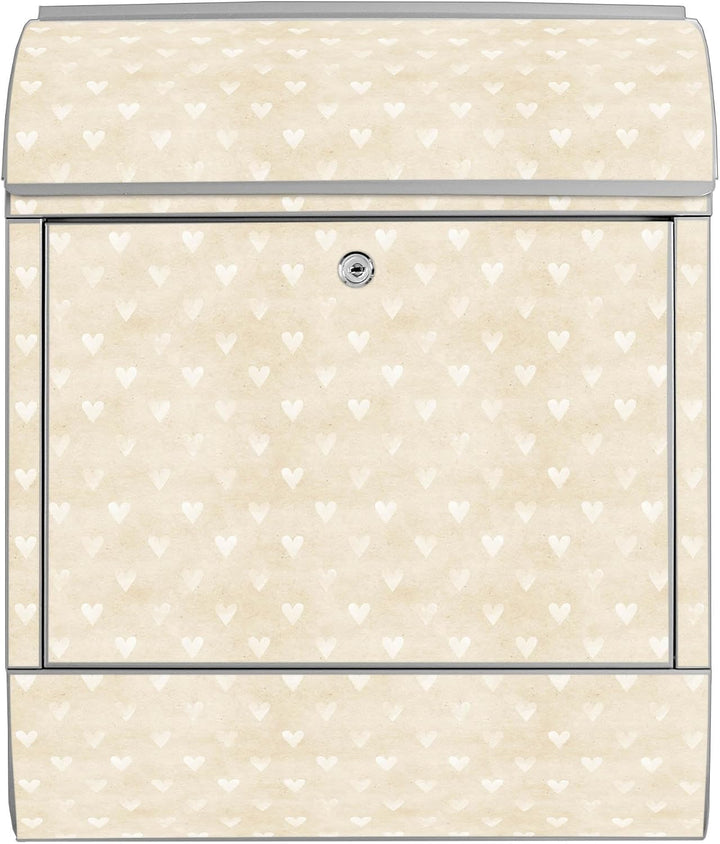 banjado® Design Briefkasten mit Motiv Beige Herzen 39x47x14cm &amp; 2 Schlüssel - Briefkasten Stahl Silb
