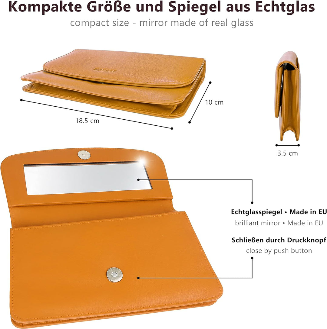 MANAGE Kosmetiktasche Damen mit Spiegel - Schminktasche klein aus echtem Leder - edle Clutch Gelb 18