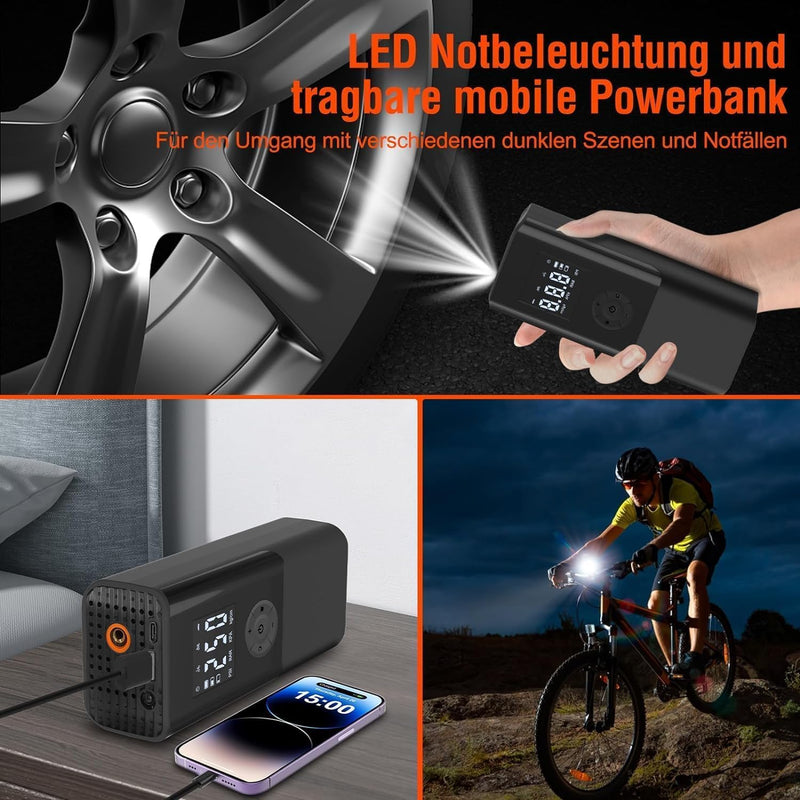 Elektrische Luftpumpe 150PSI Akku Luftpumpe mit 6000mAh Akku Tragbar Fahrradpumpe mit Digitale Anzei