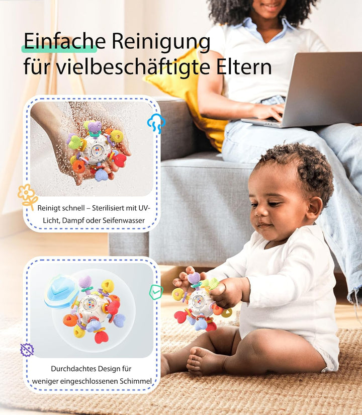 Infinno Baby Greifball & Rassel,BPA-freies Silikon Beissring-Spielzeug für 0-12 Monate, Multifunktio
