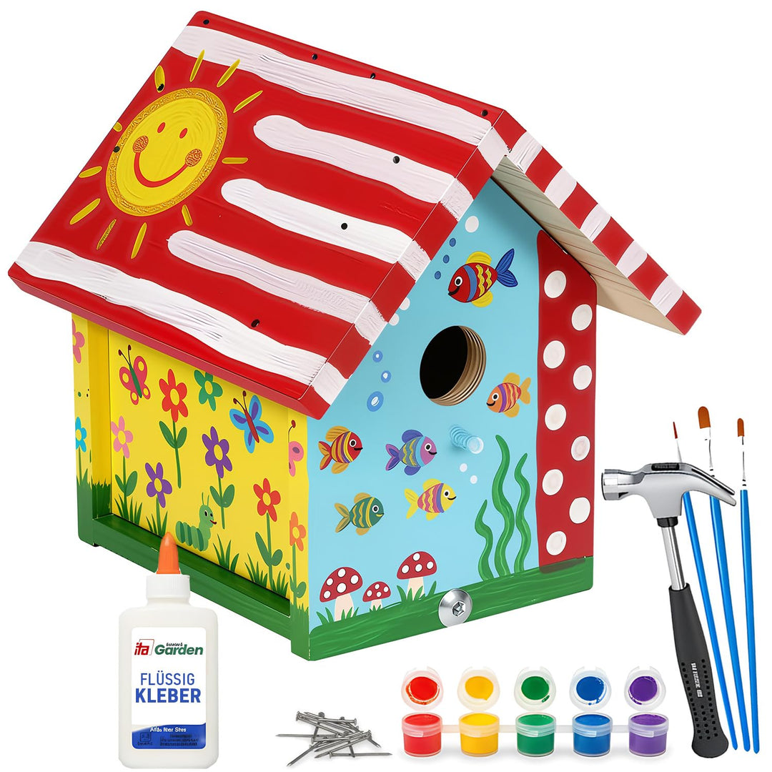 ITA DIY Nistkasten zum Zusammenbauen und Bemalen Flyway - mit Hammer, Farben &amp; 3 Pinsel - Holz Baste