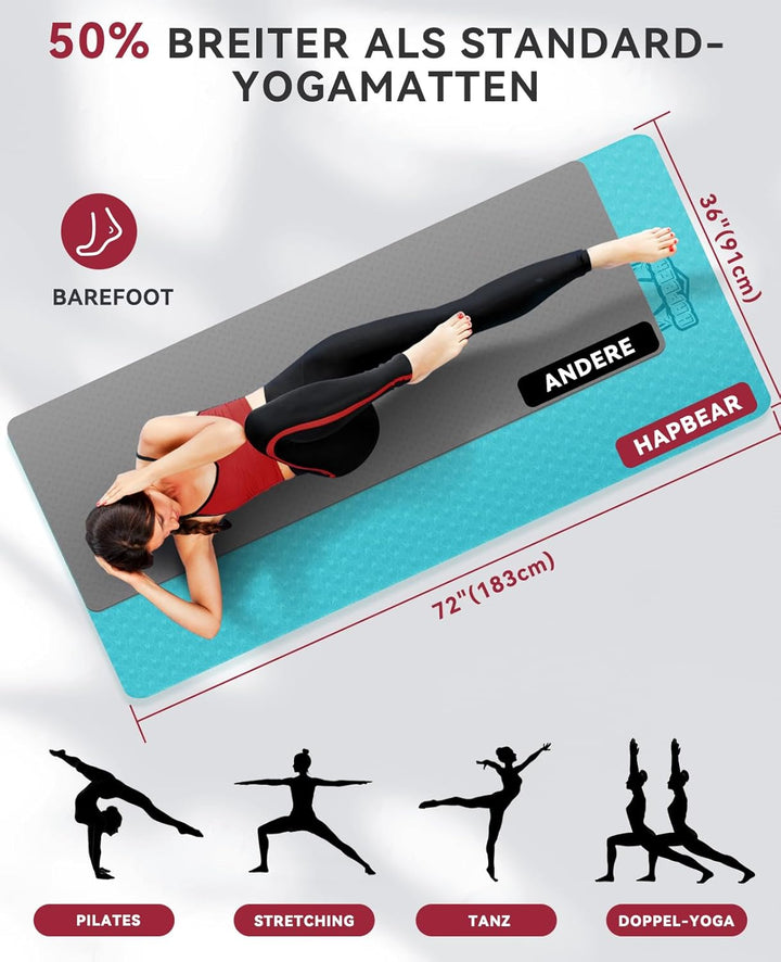 HAPBEAR Yogamatte XXL - 183cmx91cmx6mm Dicke, Extra Gross Rutschfest Breit Yoga Matte, Gymnastikmatt