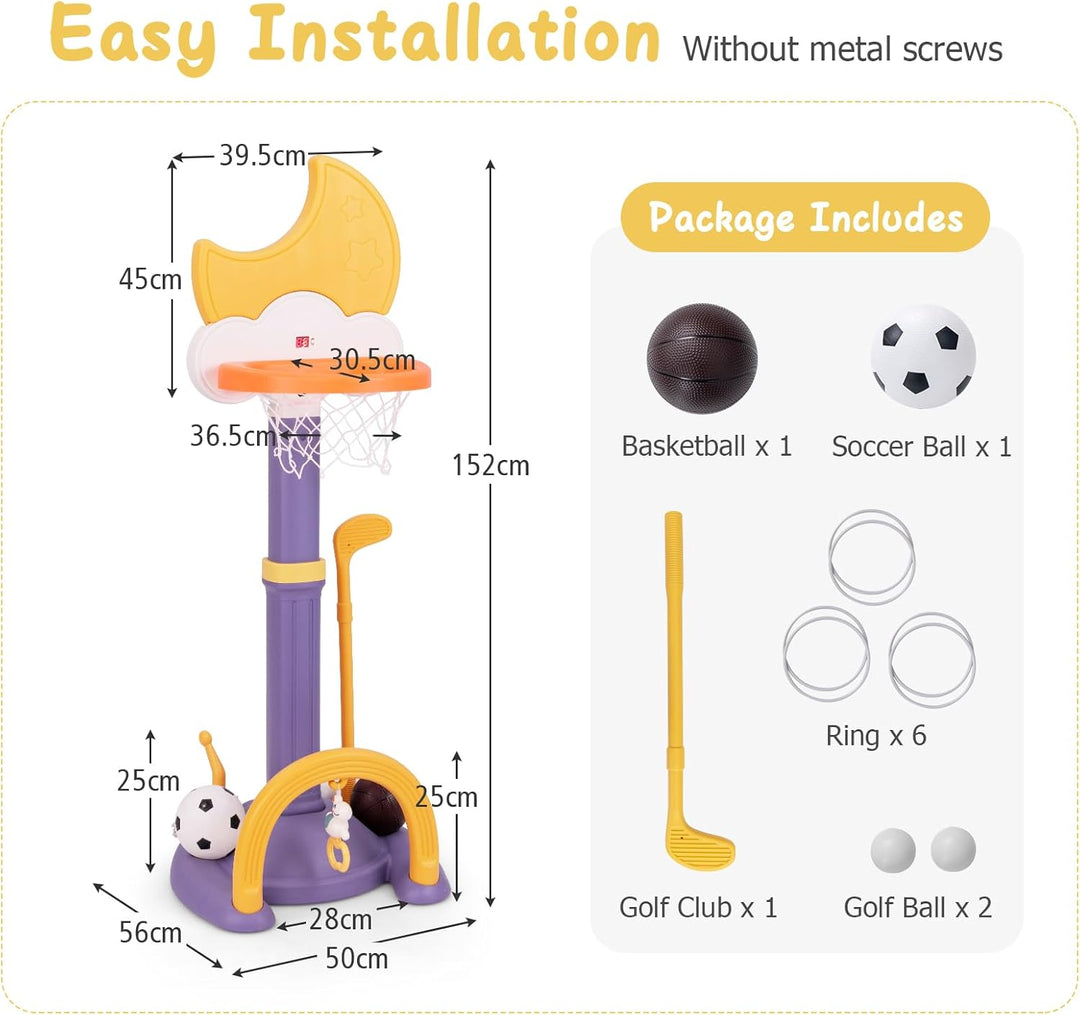 HOMASIS 4 in 1 Kinder Basketballkorb Set, multifunktional Basketballständer mit Fussballtor & Golf &