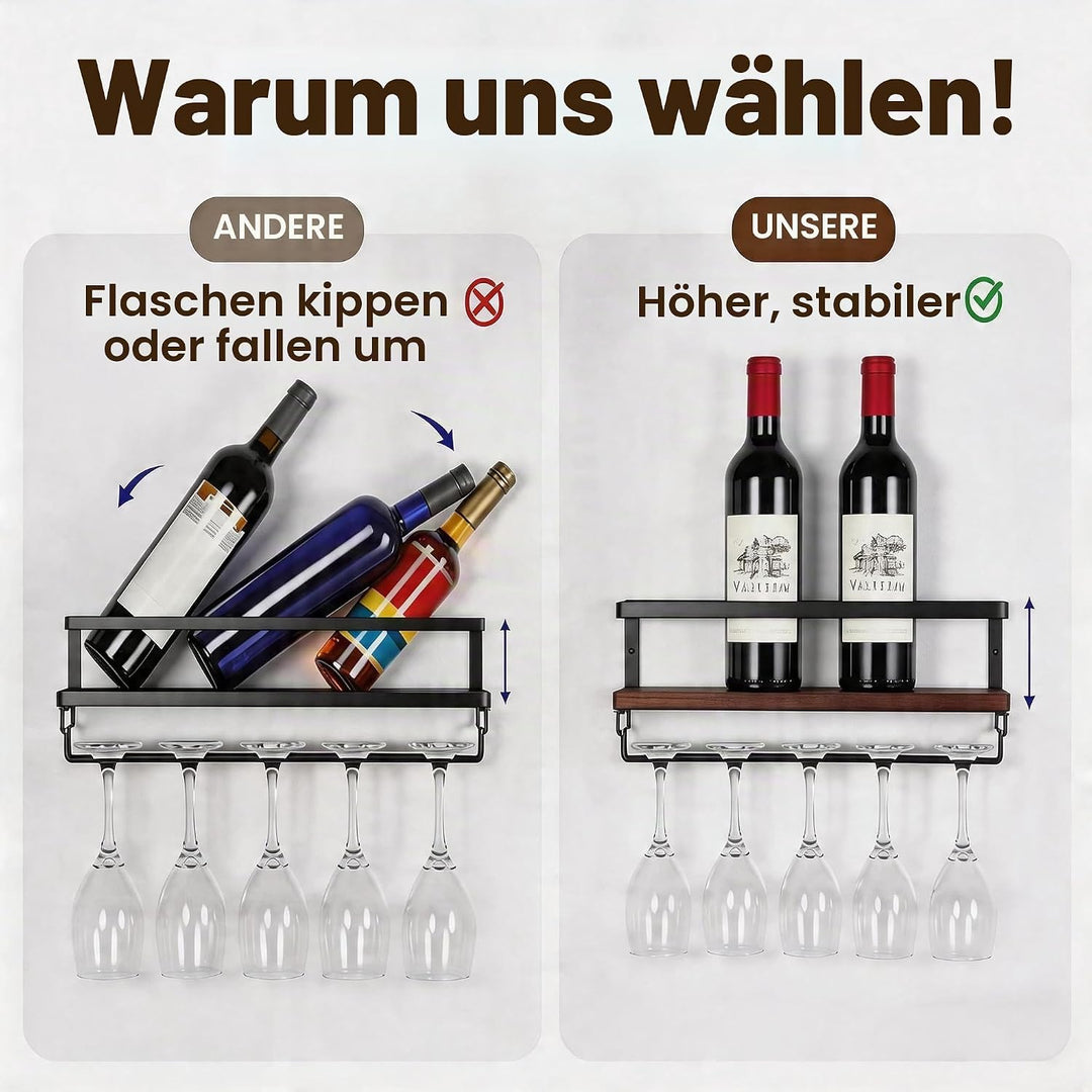 B4Life Wandmontiertes Weinregal mit Stielglas-Aufhänger, wandmontierter Weinglashalter, Flaschenglas
