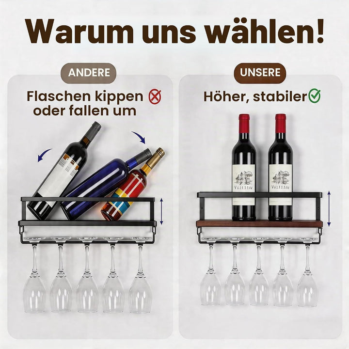 B4Life Wandmontiertes Weinregal mit Stielglas-Aufhänger, wandmontierter Weinglashalter, Flaschenglas