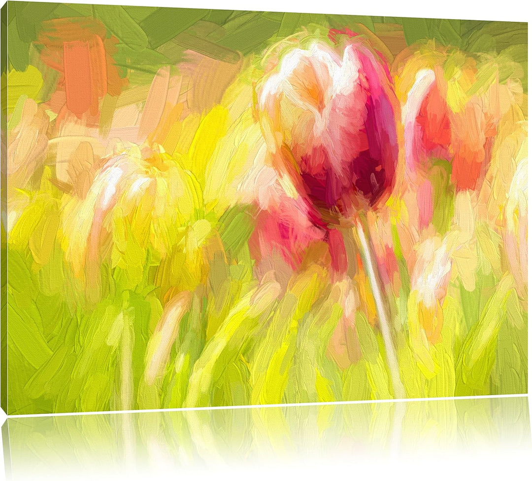 Pixxprint Blühende rote Tulpen Kunst als Leinwandbild/Grösse: 100x70 cm/Wandbild/Kunstdruck/fertig b