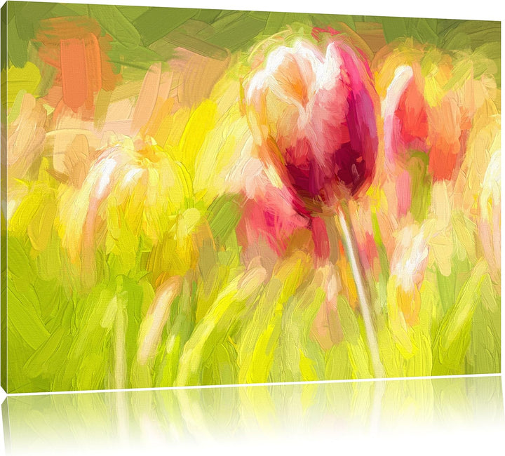 Pixxprint Blühende rote Tulpen Kunst als Leinwandbild/Grösse: 100x70 cm/Wandbild/Kunstdruck/fertig b