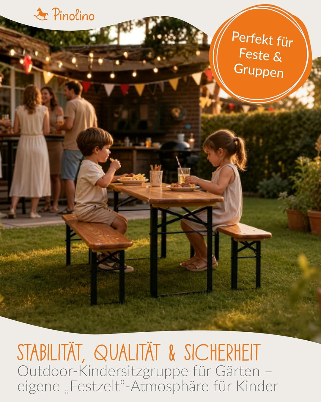 PINOLINO Kinderfestzeltgarnitur Sepp, aus Holz und Metall, 3-teilig, einfach zusammenklappbar, empfo