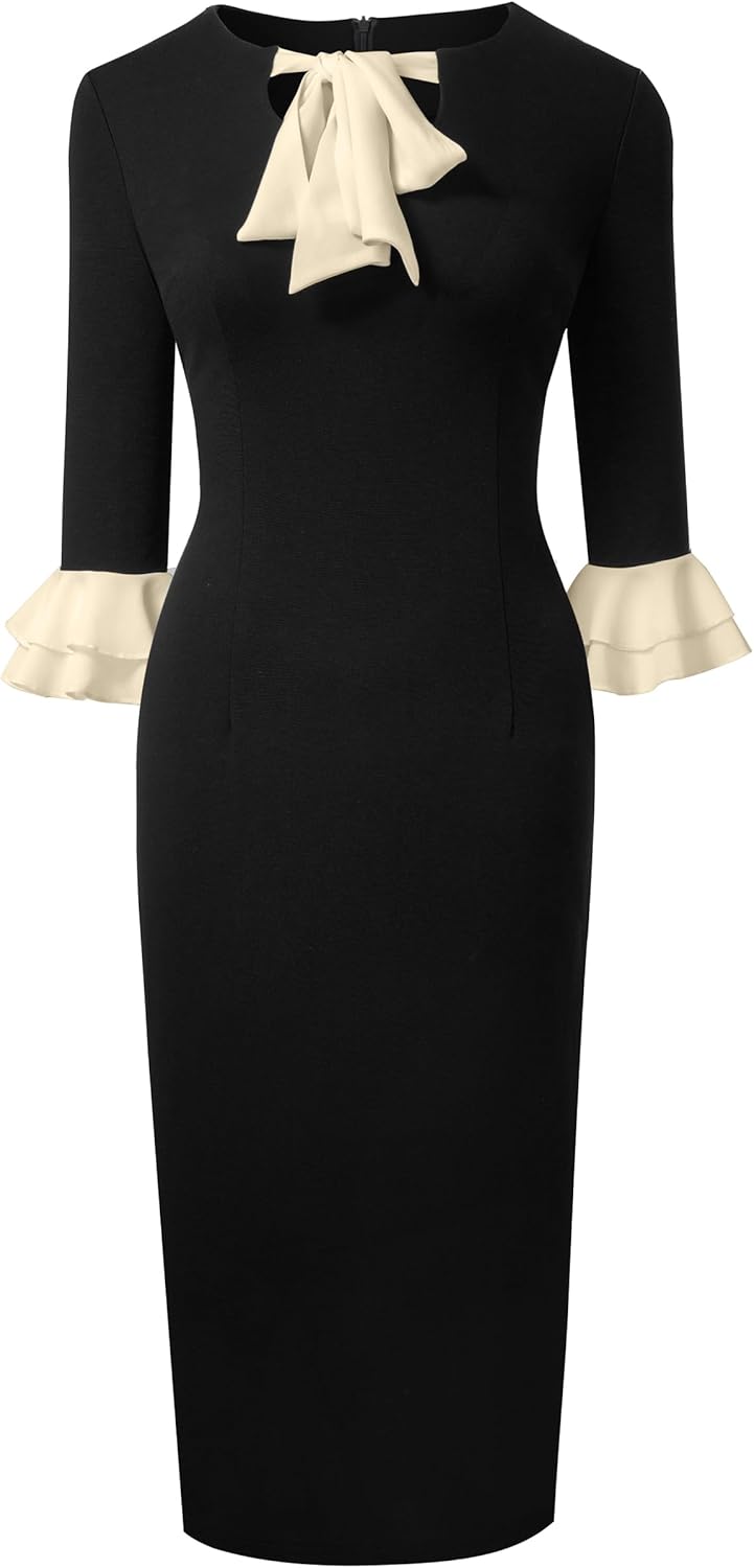 HOMEYEE Damen Rundhals 3/4 Ärmel Volantärmel Abendkleid Bleistiftkleid Retro Bodycon Midi Cocktail E