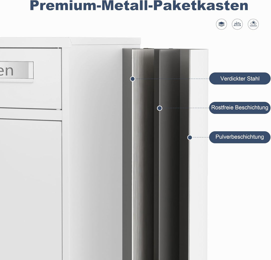 Paketbriefkasten Metall mit Zahlenschloss personalisiert | Paketbox Weiss lasergraviertes Namensschi