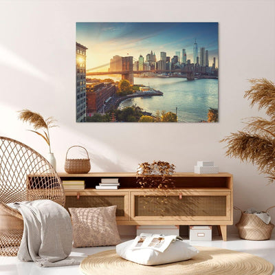 Bilder auf Leinwand 100x70cm Leinwandbild mit Rahmen New York Brücke Gross Wanddeko Bild Schlafzimme