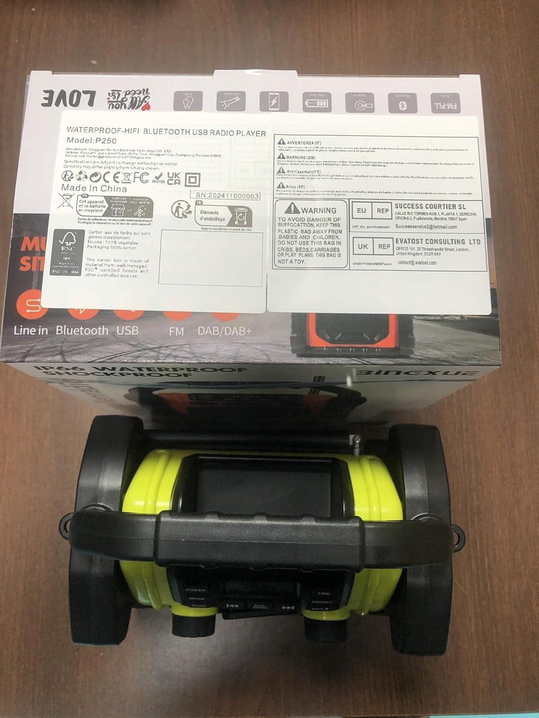 Bingxue FM-Radio-Empfänger, USB-Bluetooth-Lautsprecher mit Uhr-Alarm/LED-Lichtern, tragbar, Antikoll