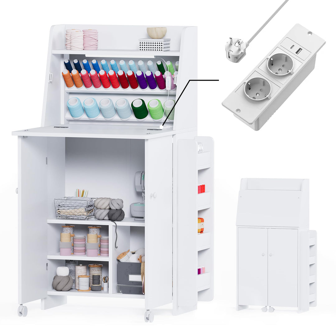 LED Nähtisch klappbar mit 33 Garnhalter & 2 Steckdosen, USB+Typ-C Nähmaschinenschrank mit viel Staur
