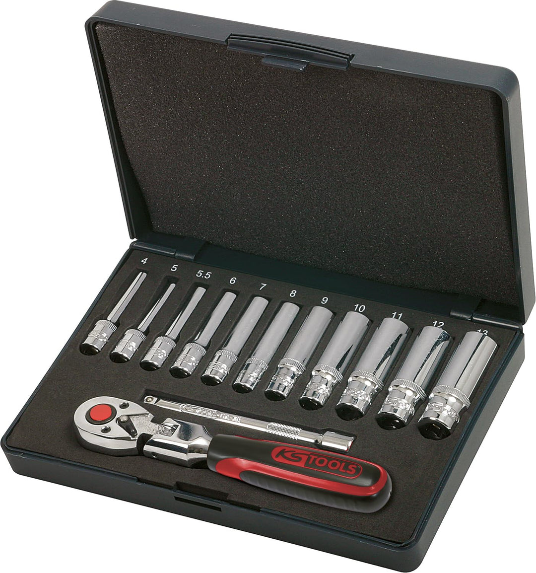 KS Tools 918.0613 1/4 Zoll CHROMEplus Steckschlüssel-Satz | inklusive Umschaltknarre, 72-Zahn | hoch