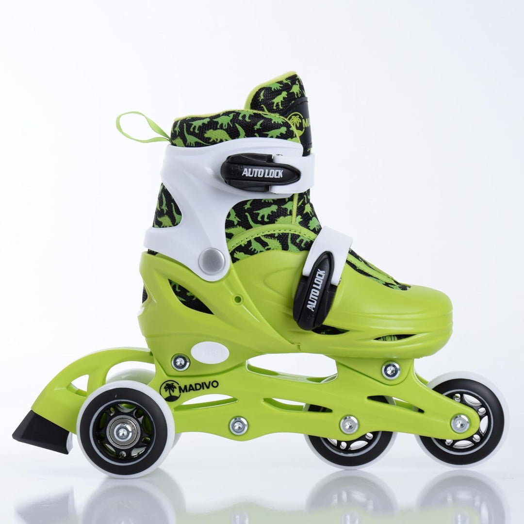 Madivo Dino Kinder Set 2in1 Inliner/Triskates VERSTELLBAR | ABEC-5 Rollschuhe | Inlineskates umbauba