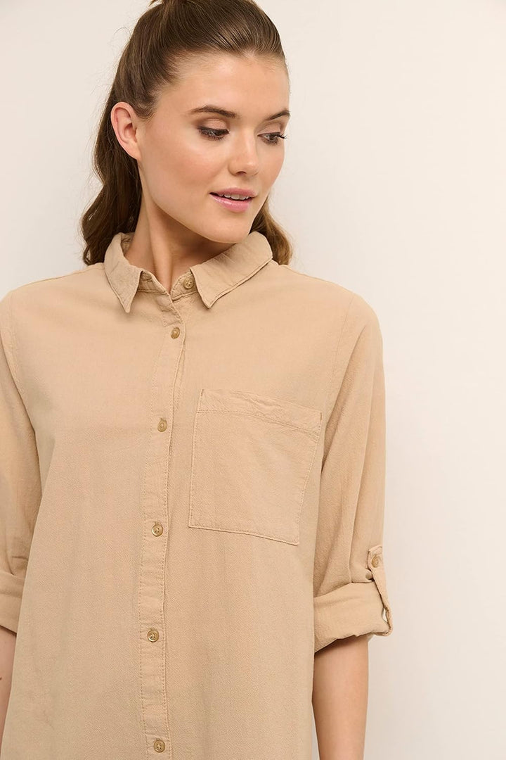 KAFFE KAnaya Shirt Tunic Damen Hemd Langarm Kragen Lang Casual Hemdbluse 34 Classic Sand, 34 Classic